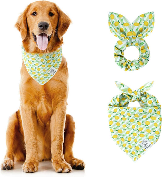E-Clover Summer Lemon Dog Bandanas & Matching Scrunchie Set Green Stripe Dog Scarf Bibs Pet Bandana with Bow Tie for Medium Large Dogs Owner Mom
