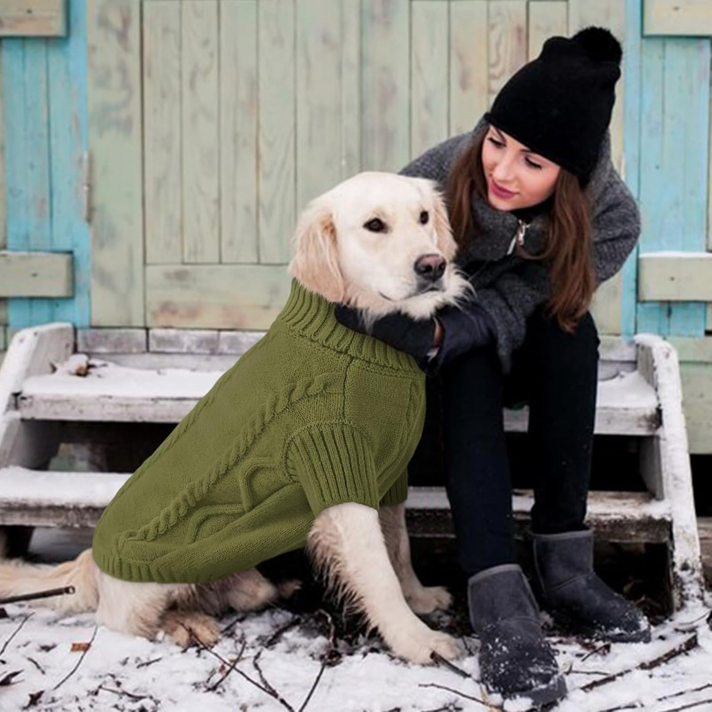 Queenmore Small Dog Pullover Sweater, Cold Weather Cable Knitwear, Classic Turtleneck Thick Warm Clothes for Chihuahua, Bulldog, Dachshund, Pugl,OliveGreen,XXL