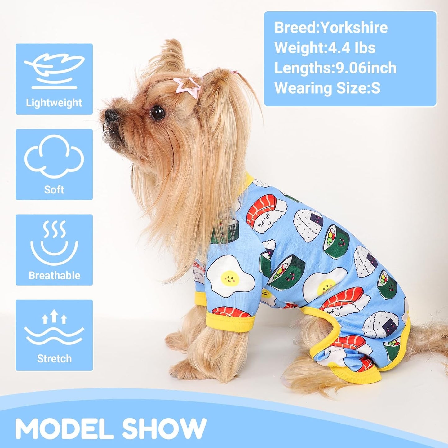 Dog Pajamas Small Sized Dogs Stretchable Summer Dog Clothes Pjs 4 Legs Girl Boy Cute Soft Puppy Outfits Doggie Cat Jammies Jumpsuit Sleeper for Pet (Bread, Medium)
