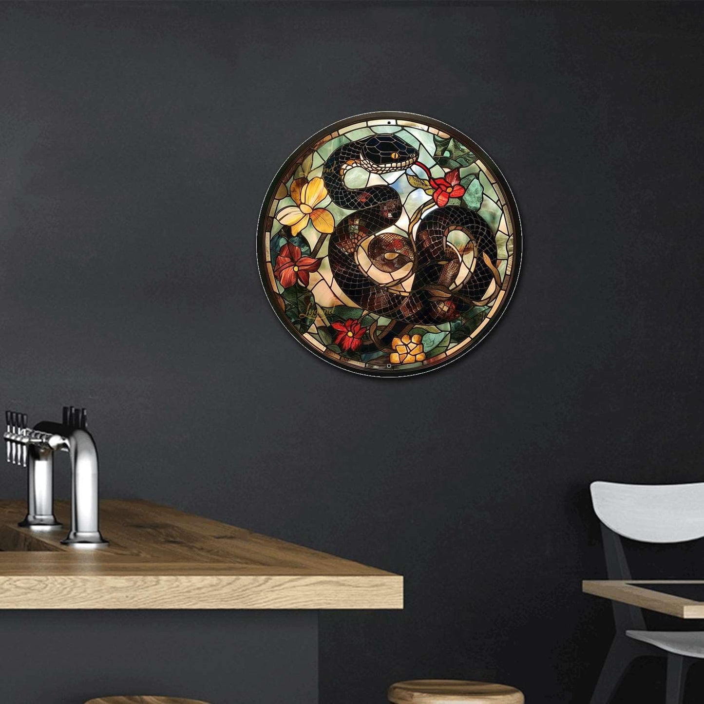 Lygond Metal Tin Sign - Circular Stained Glass Snake Vintage Sign for Garden - 8x8 Inches