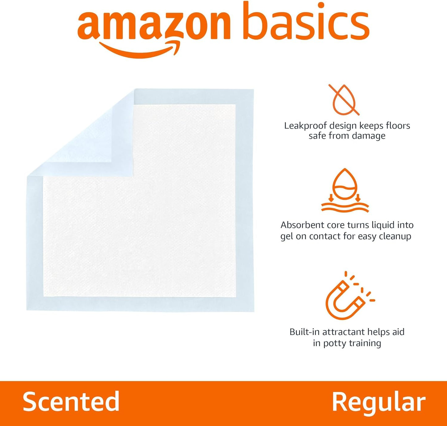 Amazon Basics Scented Dog and Puppy Pee Pads, 5-Layer Leak-Proof Super Absorbent, Quick-Dry Surface, Potty Training, Regular (22x22"), 50 Count, Blue & White