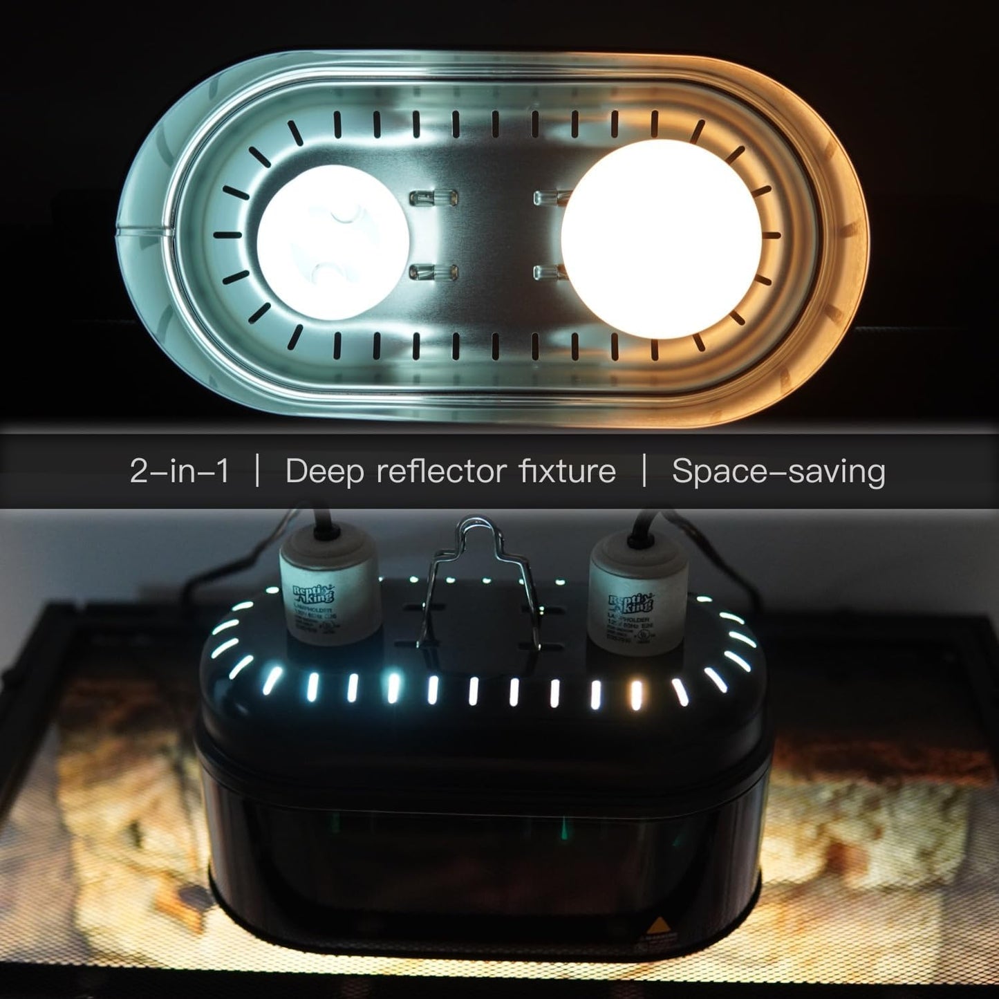 Reptile Dual Light Fixture, Double Deep Dome for Reptile Light/Heat Lamp/UVB Light, Snap-on Lamp Fixture Holder for Beared Dragon/Snake/Turtle/Lizard Tank Accessories