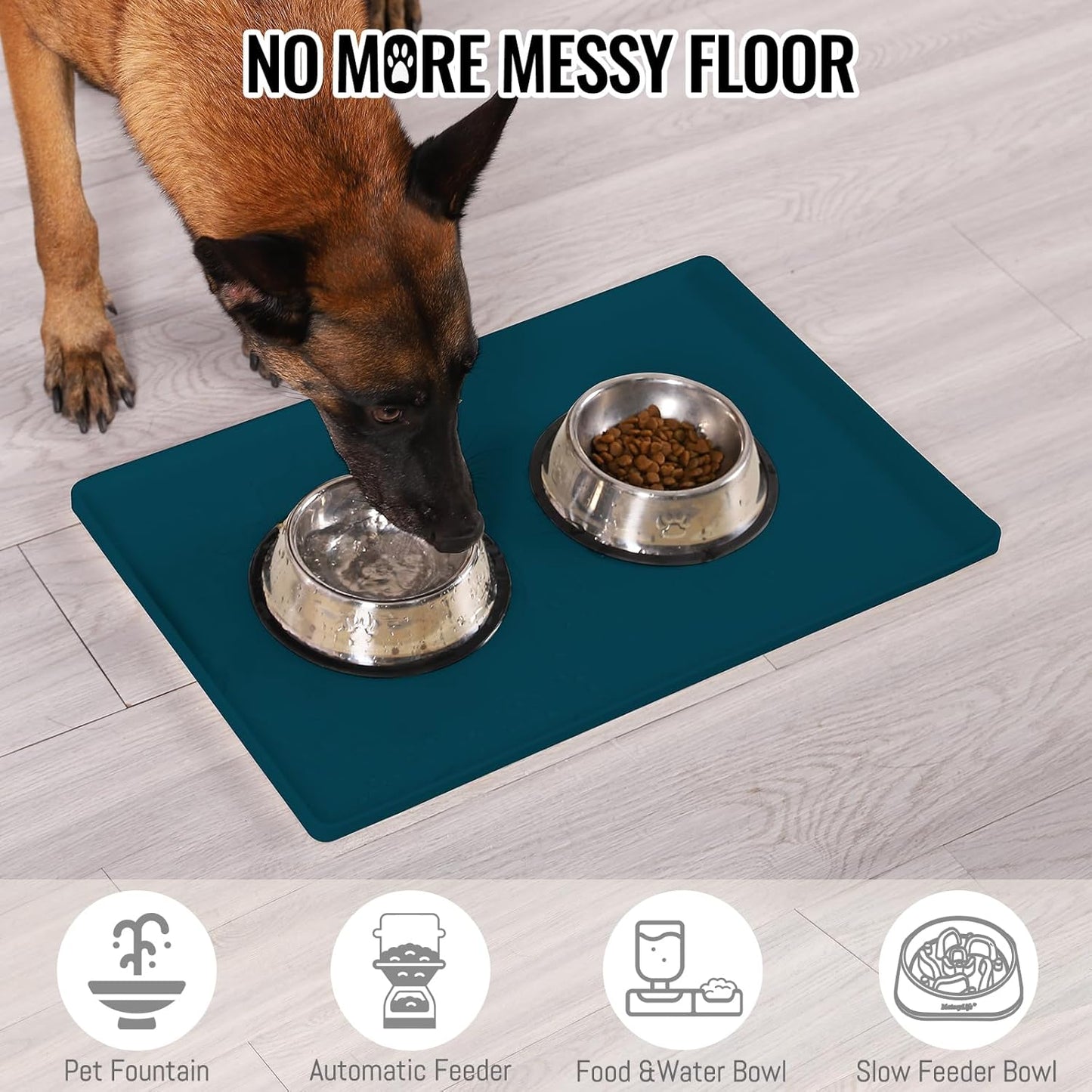 MateeyLife Dog & Cat Food Water Mat for Floors Waterproof, Nonslip Pets Bowl Feeding Mats with Raised Edges, Silicone Matt Tray for Messy Drinkers, 18"x12", Navy