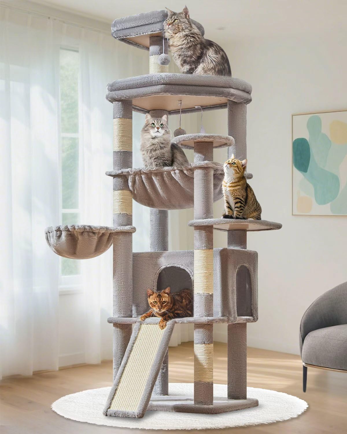 Taoqimiao 72 Inches Cat Tree for Large Cats, Multi-Level Tall Cat Tower, Widened Cat Condo with Large Scratch Board, 5 Scratching Posts, Metal Hammcock, Cozy Basket, Light Gray, MS045W