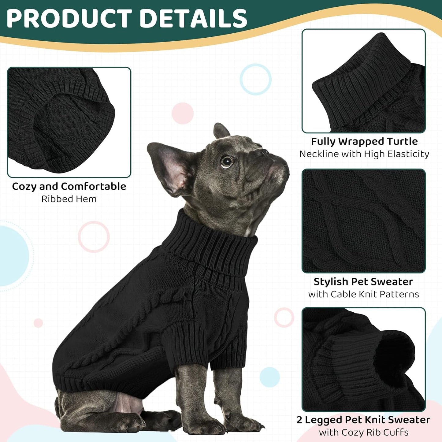 Queenmore Dog Sweater Large Size,Warm Dog Sweaters for Big Dogs,Chunky Knitted Doggy Sweater for Extra Large Dogs Boy Girl, Big Doggie Turtleneck Winter Outfit (Black,2XL)