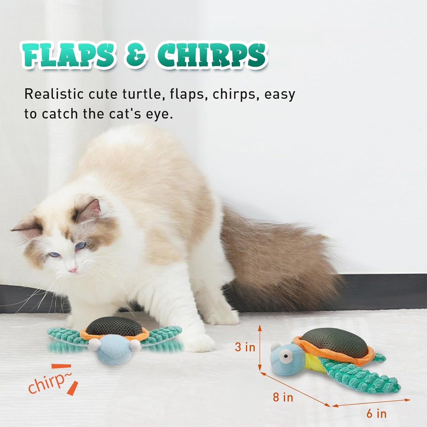 Cat Toys, Flapping Fins Cute Turtle, No Flying, Chirping Bird Interactive Catnip Toy for Kitten or Small Dogs, Touch Activated, Rechargable