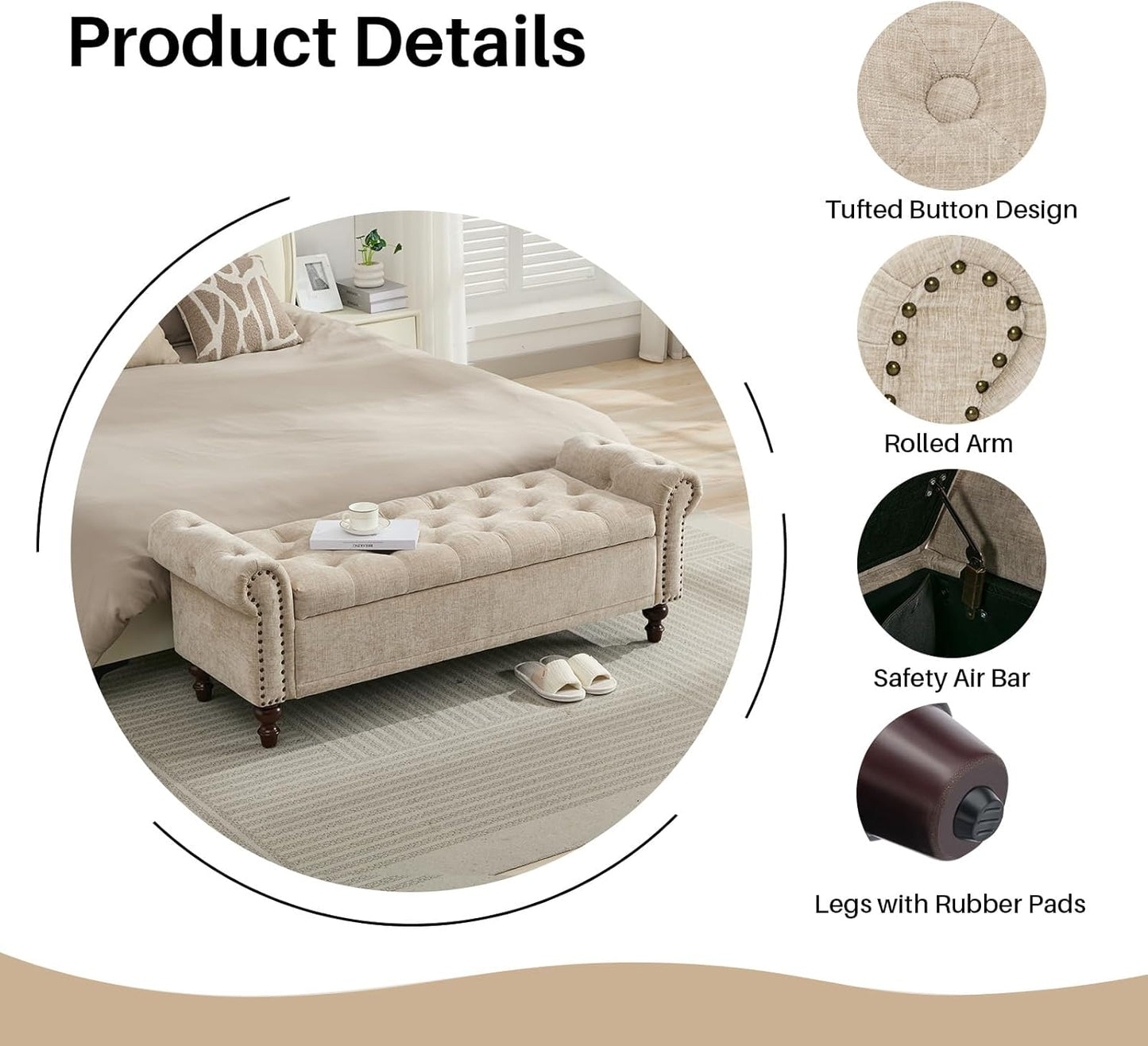 58.1'' Storage Bench Upholstered Chenille End of Bedroom Bed Bench Ottoman with Tufted Cushioned Rolled Arm Large Storage Space for Reading Living Room Entryway, Light Brown