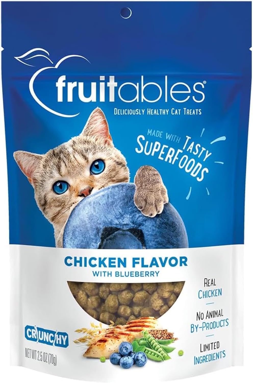 Fruitables Crunchy Low Calorie Treats Packed with Protein For Cats Healthy Free of Wheat, Corn and Soy – Made with Real Chicken with Blueberry – 2.5 Ounces