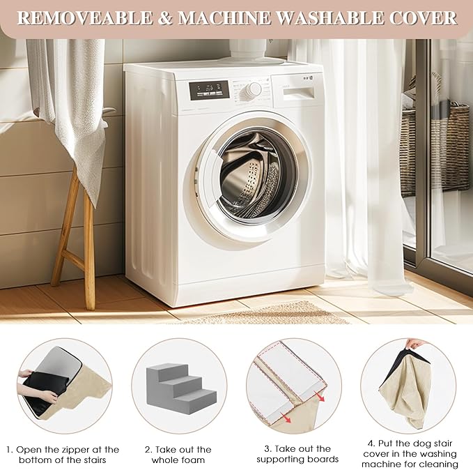 GGIB Dog Stairs for Small Dogs Pet Stairs for Sofa Couch Dog Ramp Pet Steps with Removable Washable Cover, Beige, 13" H, 3-Step