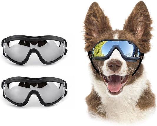 Pack of 2 Dog Goggles Dog Sunglasses for Medium to Large Breed Anti-UV Eye Protection with Adjustable Straps- Silver