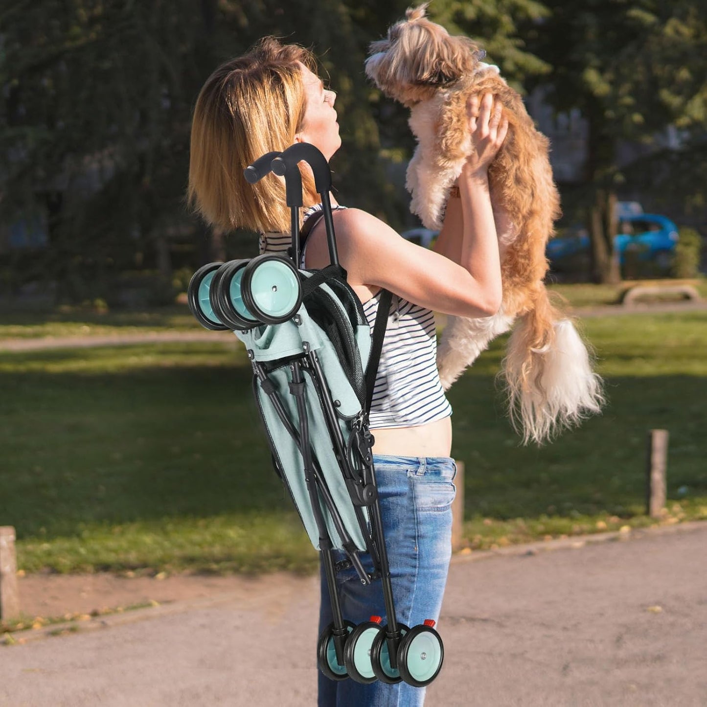 Umbrella Dog Stroller, 4 Wheels Pet Strolling, Foldable Carrier Pet Stroller for Small Dogs Cats, with Carrying Strap and Cup Holder, Dog Poop Bags & Dispenser, Up to 33 lbs, Cyan