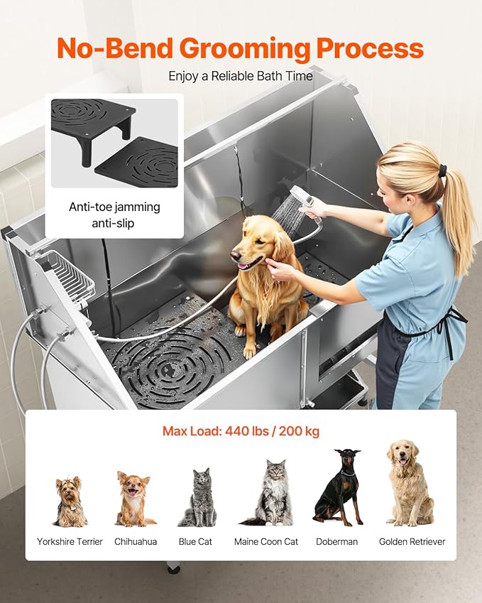 VEVOR Stainless Steel Dog Washing Station, 62 inch Pet Grooming Tub w/Stairs, PE Water Filter Board, Faucet & Showerhead & Soap Holder Dog Bathtub for Large & Medium & Small Pets (Right Door)