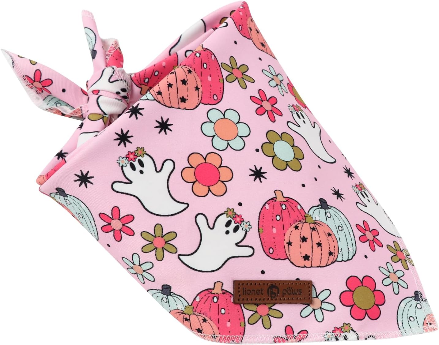 Lionet Paws Halloween Dog Bandana Washable Cotton Handkerchief Scarf Triangle Flower Ghost Pink Bandanas for Small Medium Dogs Girl