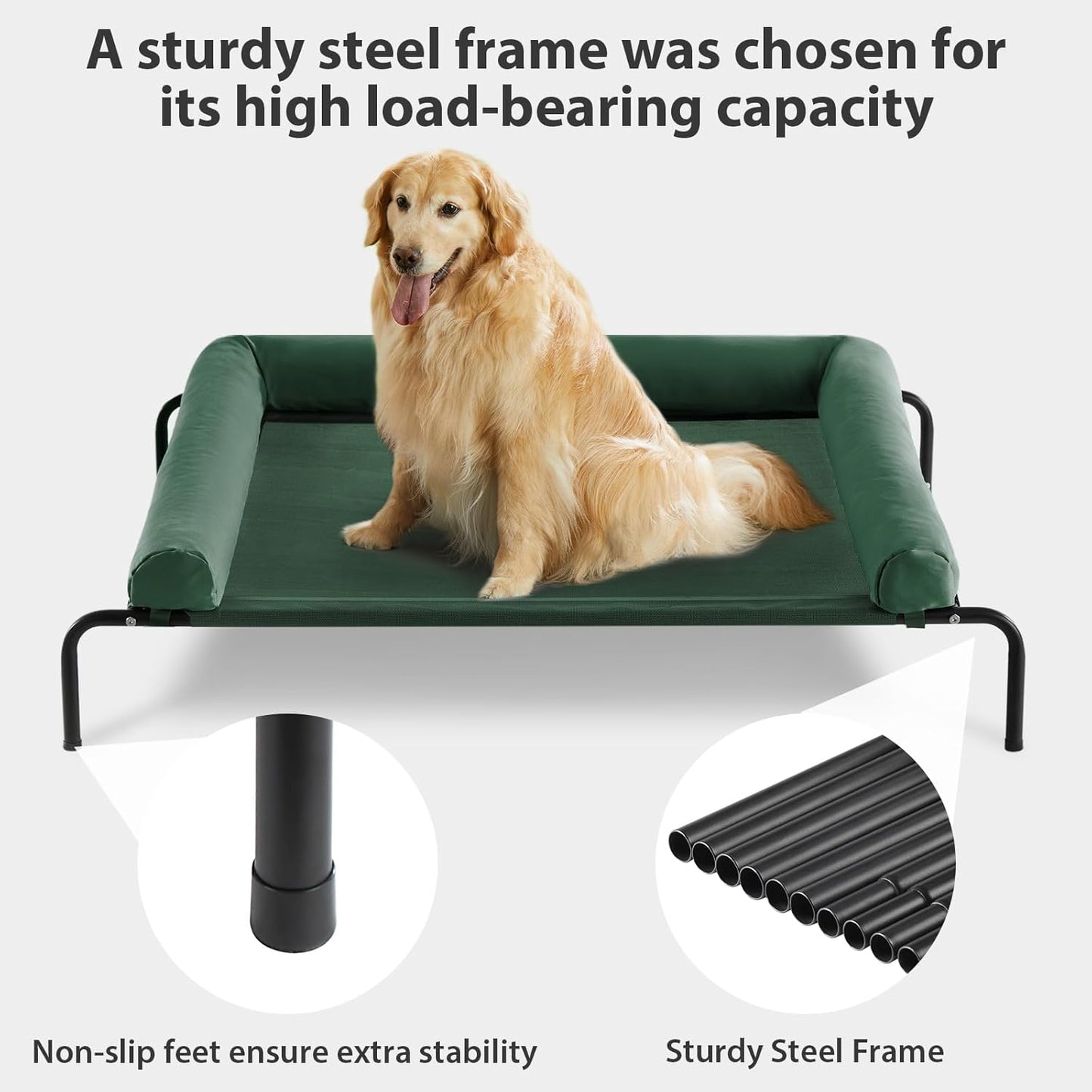 RRPETHOME Large Elevated Cooling Dog Bed, Raised Dog Cot Beds for Large Dogs, Elevated Outdoor Pet Bed, Chew Proof Portable Cooling Pet Cot with Skid-Resistant Feet and Breathable Mesh