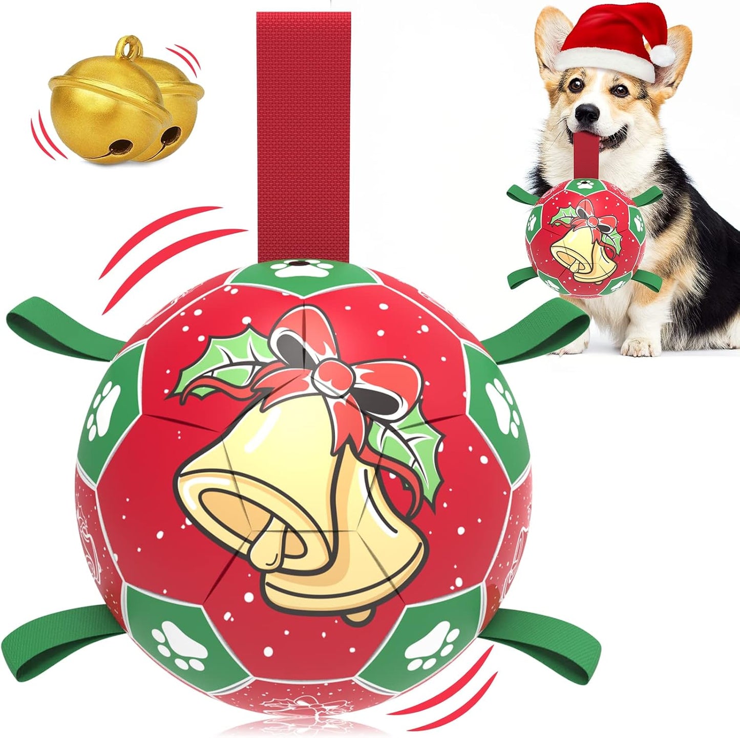 QDAN Christmas Dog Soccer Balls with Straps, Interactive Toys for Tug of War, Puppy Birthday Gifts, Durable Balls for Medium Large Dogs (8 Inch)