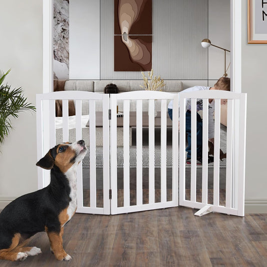 ZJSF Foldable Freestanding Indoor Dog Gate for House Wood White Long Pet Gates Dog Fence for Stairs Puppy Gates for Hallways,Pet Fence, Puppy Gate,Support Feet Included 32 "Height-3 Panels