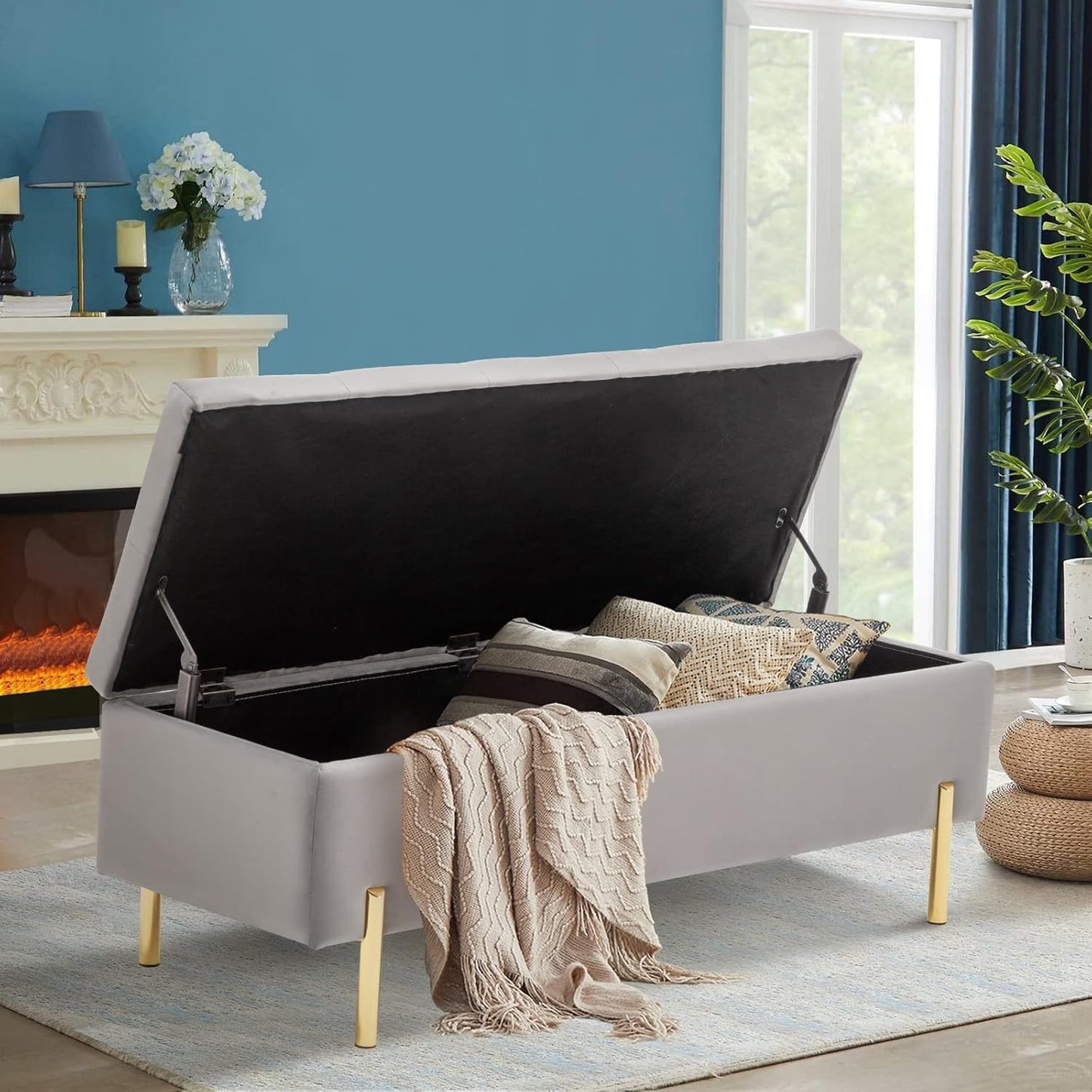 Velvet Storage Bench Ottoman with Soft Close Lid, End of Bed Bench Upholstered Fabric Storage Ottoman Bench for Bedroom Entryway Living Room, Grey