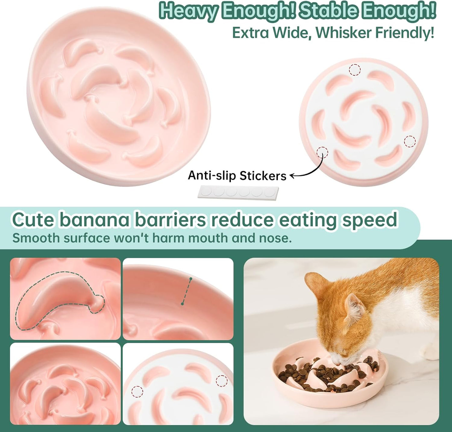 Ceramic Cat Slow Feeder Bowl - Pastel Series Cat Plate for Dry and Wet Food - Cute Maze Feeder Dish for Healthy Eating - Dishwasher Safe - 6.3''W x 1.2''H - 7 OZ - Light Pink