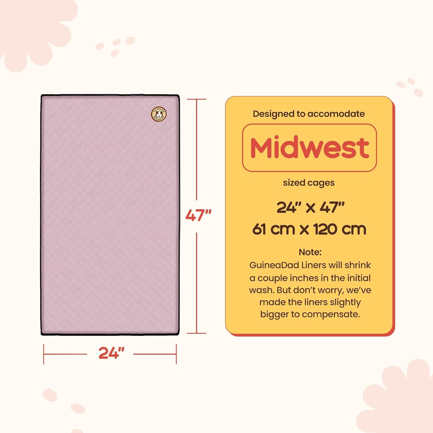 GuineaDad Premium Liner – Fleece Guinea Pig Cage Liner – Ultra-Plush Reusable Fleece Bedding with Waterproof Bottom – (Blush)