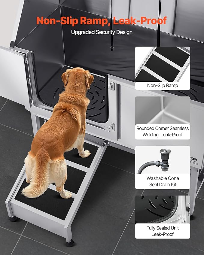 VEVOR Stainless Steel Dog Washing Station, 50 inch Pet Grooming Tub w/Ramp, PE Water Filter Board, Faucet & Showerhead & Soap Holder Dog Bathtub for Large & Medium & Small Pets (Left Door)