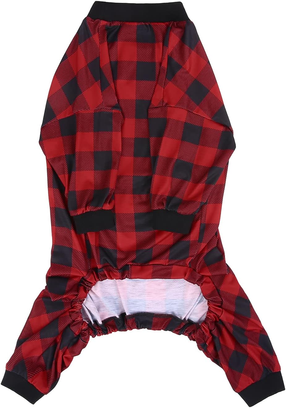HDE Dog Pajamas One Piece Jammies Jumpsuit Pet Clothes Outfit Stretchy Lightweight Comfy Shirt Pjs for M-3XL Dogs Buffalo Plaid - L