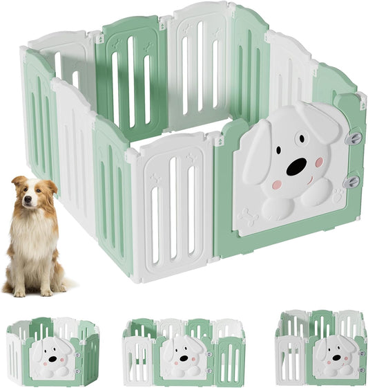 Foldable Dog Play Pen Indoors, Non-Slip Sturdy Puppy Playpen with Door, 25.5" H 10-Panel Adjustable Shape Dog Fence Pen for Small/Medium Dogs, Thickened, Easy to Store, White+Green
