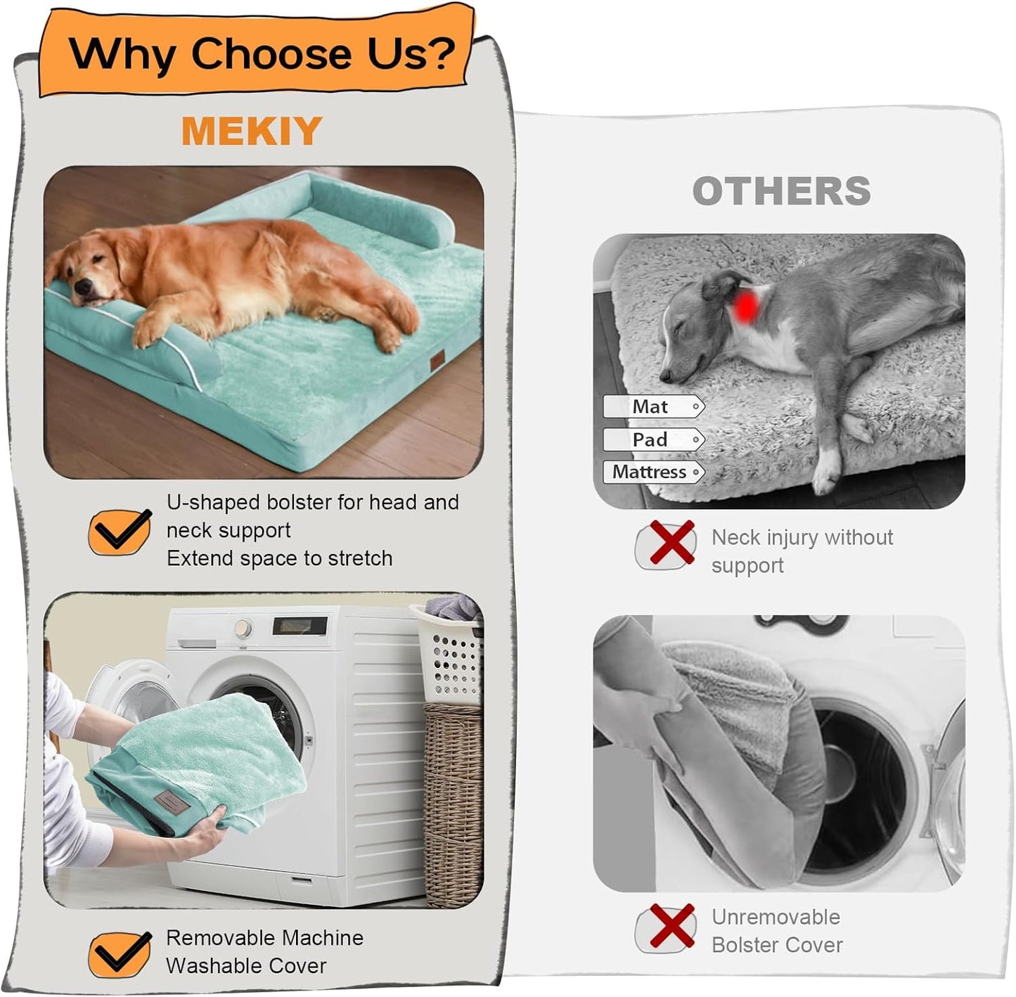 Orthopedic Large Dog Bed Washable, Orthopedic Dogs Bed with Removable Cover, XLarge XL Pet with Bolster, Washable Aqua Blue Large Dog Beds with Egg Foam for Medium Gaint Dogs