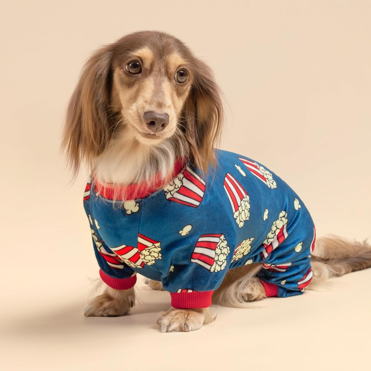 Fitwarm Popcorn Dog Pajamas, Funny Dog Clothes for Small Dogs Boy Girl, Fleece Pet Onesie with Feet, Blue, Red, White, Yellow, Small