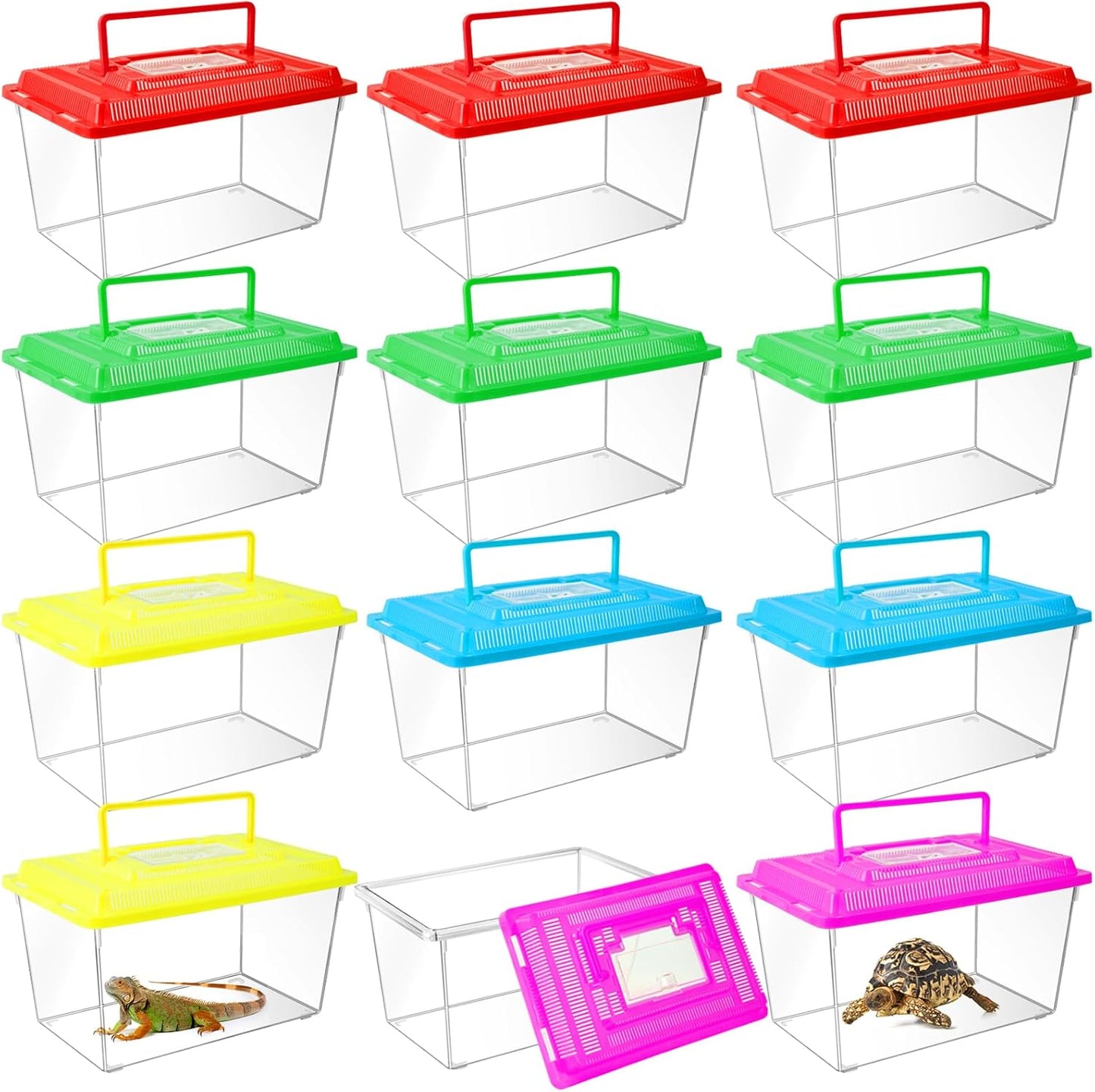 12Pcs Plastic Reptile Terrariums Carrier Cage, Tarantula Enclosure Breeding Box Hatching Container Transparent Fish Tank Turtle Aquarium with Random Color Lid for Lizards, XL(10.6" x 6.7" x 5.9")