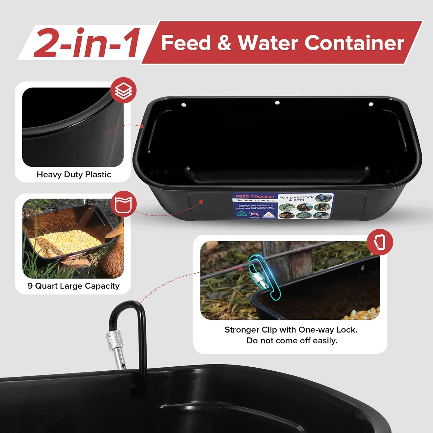 Goovilla Large Feed Trough, Hanging or Screw-in Fence Feeder with Clips, 2 Pack 9 Quart Goat Feeder Supplies, Dog Horse Hog Pig Livestock Poultry Plastic Feeder Trough Bucket for Large Animal, Black