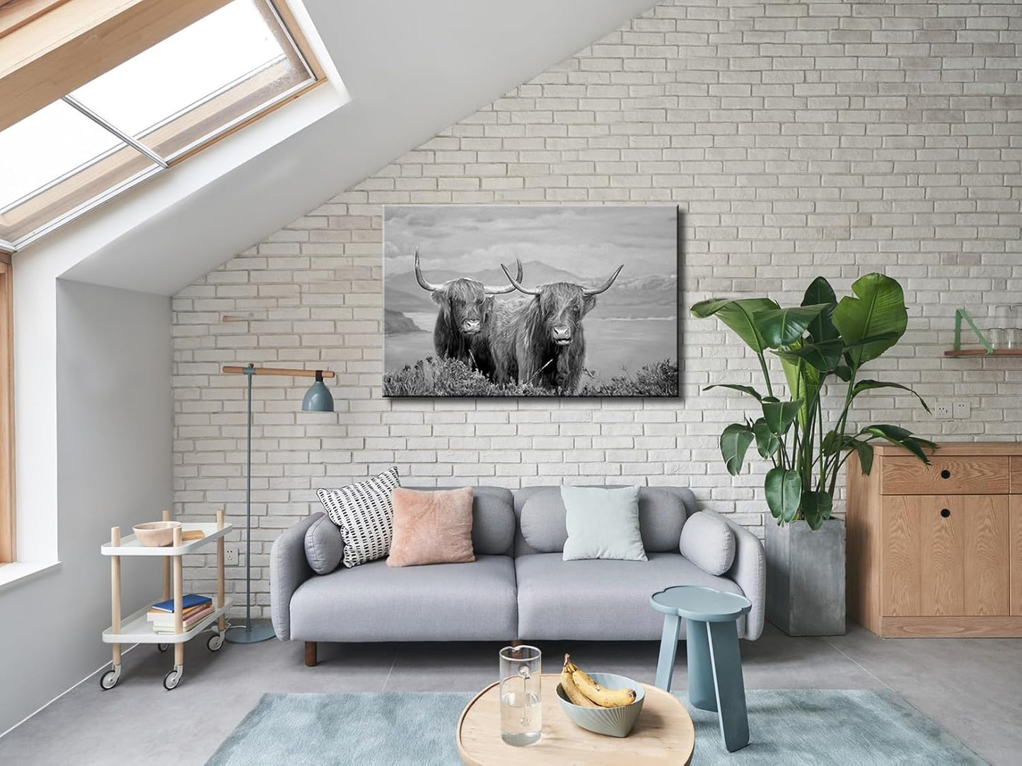 Wall Art for Living Room Highland Cow Wildlife Portrait Canvas Picture Black and White Animal Print Painting Scottish Farmhouse Artwork for Bathroom Bedroom Office Decor 24"x36"