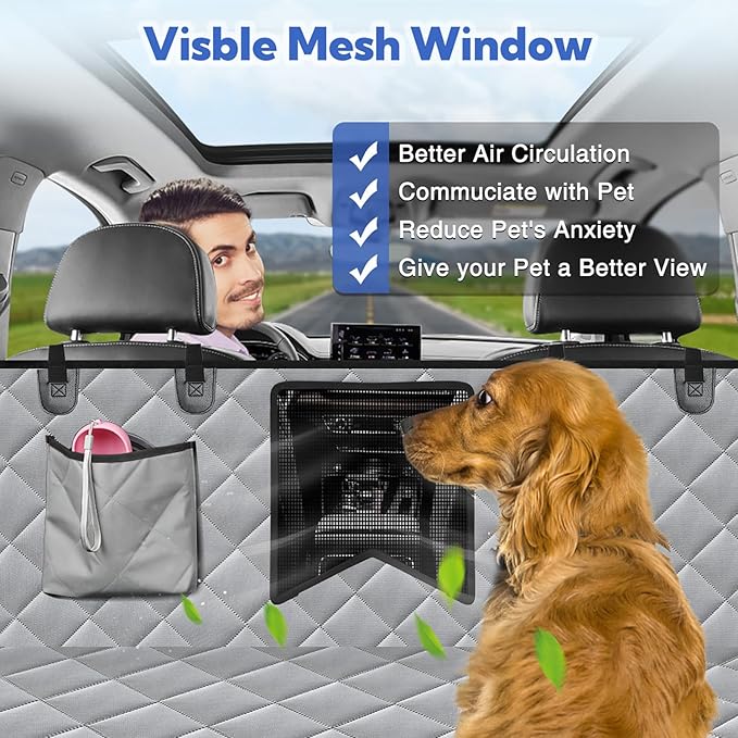 Kytely Dog Car Seat Cover for Back Seat,Waterproof Hammock with Mesh Window, Anti-Scratch Nonslip Car Seat Protector for Dogs, 600D Heavy Duty Dog Seat Cover for Cars Trucks and Suvs Gray