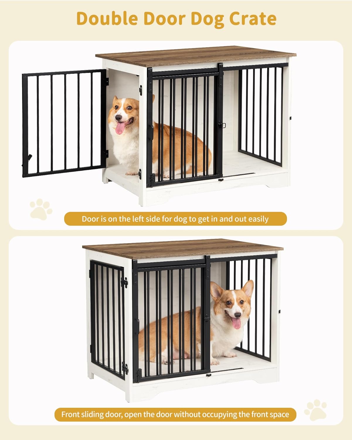 31.9" Dog Crate Furniture with Barn Door, Heavy Duty Dog Kennel Indoor with 2 Doors, Wooden Pet Cage End Table for Small Medium Dogs up to 44 lb, Anti-Chew Anti-Escape, White Brown DFC83614B