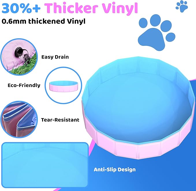 2025 Updated Foldable Dog Pool, 55" x 12" Kiddie Pool with Hard Plastic, Non-Slip Dog Bath Tub for Outdoor Backyard, Collapsible Dog Swimming Pool for Kids Dogs Pets (Pink)