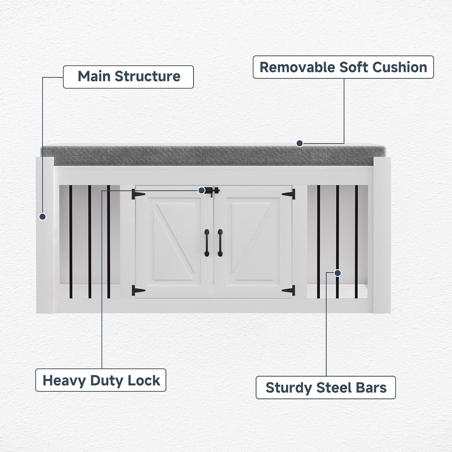 Dog Crate Furniture with Padded Seat, Luxury Wooden Dog Kennel, End of Bed Bench Ottoman with Removable Cushion for Bedroom, Living Roome, White