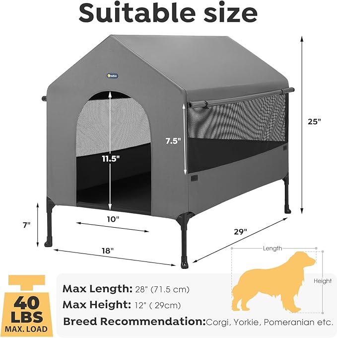 Veehoo 29" Dog House, 2-in-1 Small Dog House Outdoor Indoor Weatherproof, Outside Elevated Dog Cot Bed Dog Tent Shade, Three-Sided Breathable Mesh Windows and Sunshades, CWC2435CP