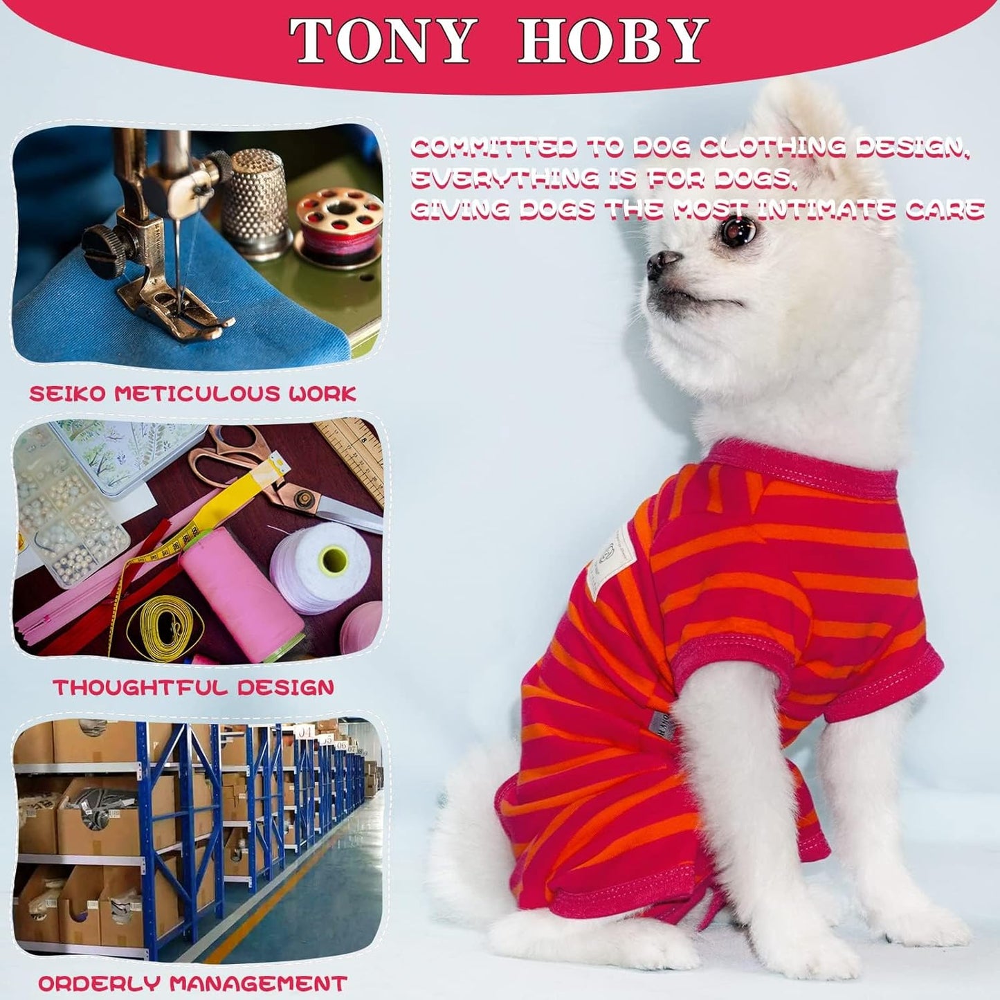 TONY HOBY Female/Male Dog Pajamas, Dog Jumpsuit 4 Legged Pajamas with Stripes, Soft Cotton for Comfortable Sleep (Rose Red&Orange, Boy, XL)