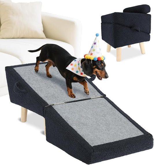 Dog Stairs for Small Dogs and Cats – 2-in-1 Dog Ramp for Bed and Couch, 16.5'' Foldable Wooden Pet Steps, Sturdy Multi-Use Split Ottoman Design, Dark Blue