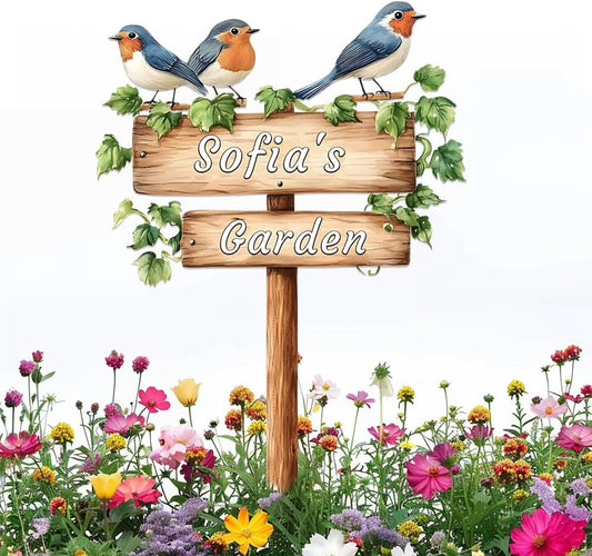 Personalized Bird Metal Sign with Stake,Custom Gardener Last Name Signs Outdoor Decor,Customized Flower Gardening Housewarming Gifts,Birds on the Branch Plaques for Patio Lawn Porch Backyard Farmhouse