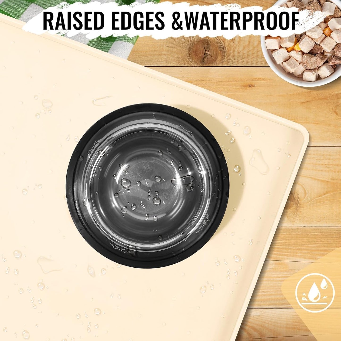 MateeyLife Dog & Cat Food Mat, Waterproof & Nonslip Silicone Feeding Mats for Dogs and Cats, Raised Edge Tray for Messy Drinkers, 22"x14", Beige