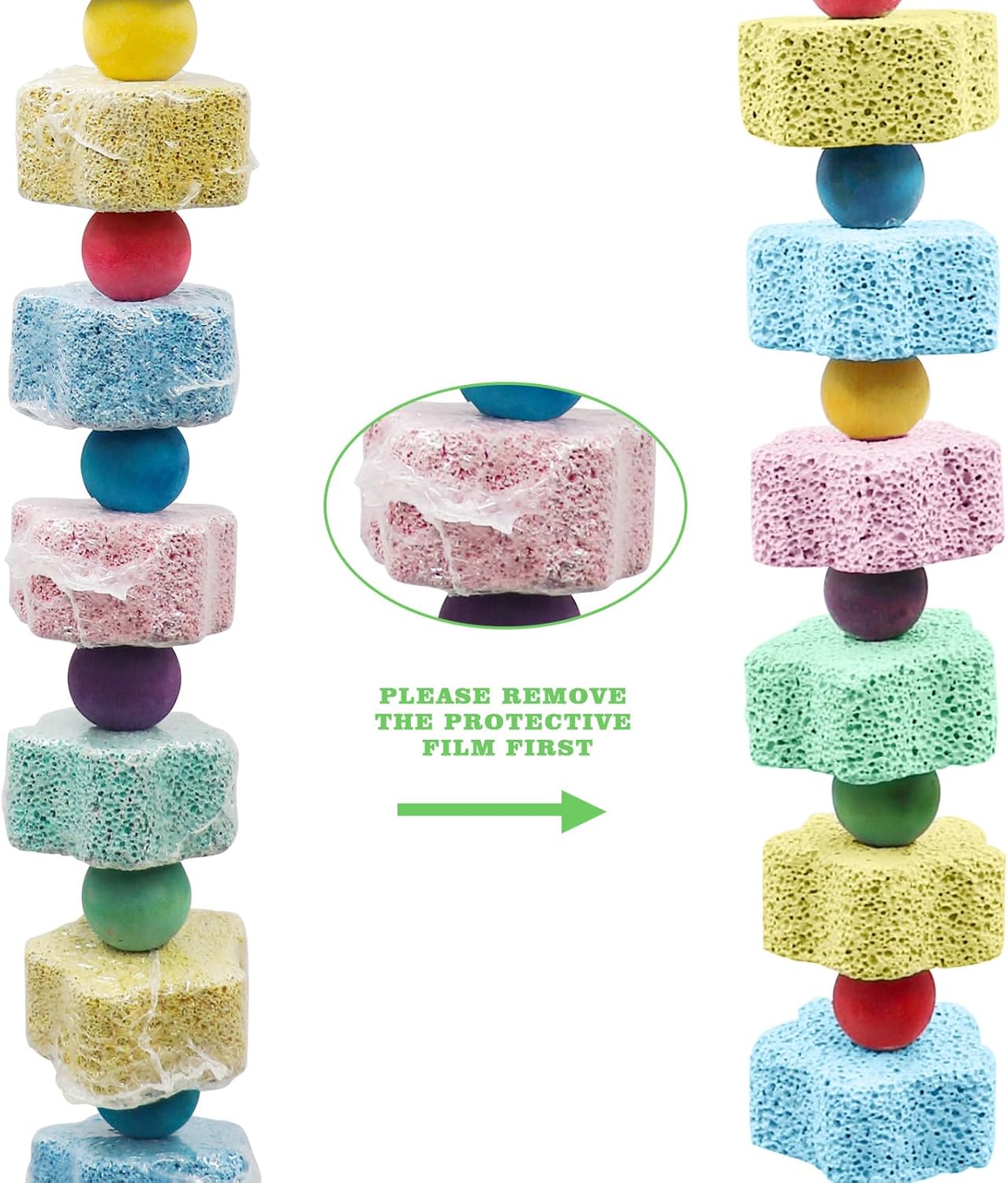 2 Pack Mineral Block Chew Toys with Colorful Beads and a Bell, Bird Beak Grinding Stone, Cage Accessories for African Grey, Budgies, Cockatiels, Small to Medium Birds