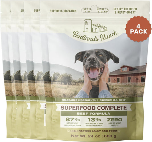 BADLANDS RANCH by Katherine Heigl- Superfood Complete, Air-Dried Adult Dog Food - High Protein, Zero Fillers, Superfood Nutrition (24 Ounce (Pack of 4), Beef)