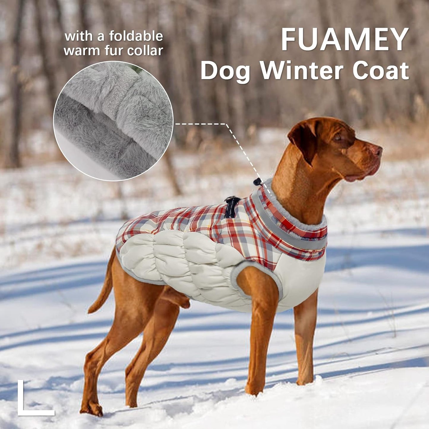 FUAMEY Dog Coat for Large Dogs,Waterproof Dog Winter Jacket with Harness Built in Puppy Cold Weather Coats Reflective Pet Vest with Zipper Warm Fleece Dogs Snowsuit Windproof Red Plaid XL