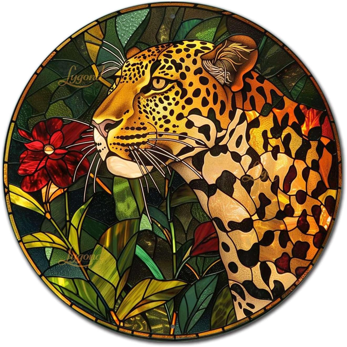 Lygond Metal Sign Tin Sign Circular Stained Glass Leopard Home Decor For Restaurant 8×8 Inches