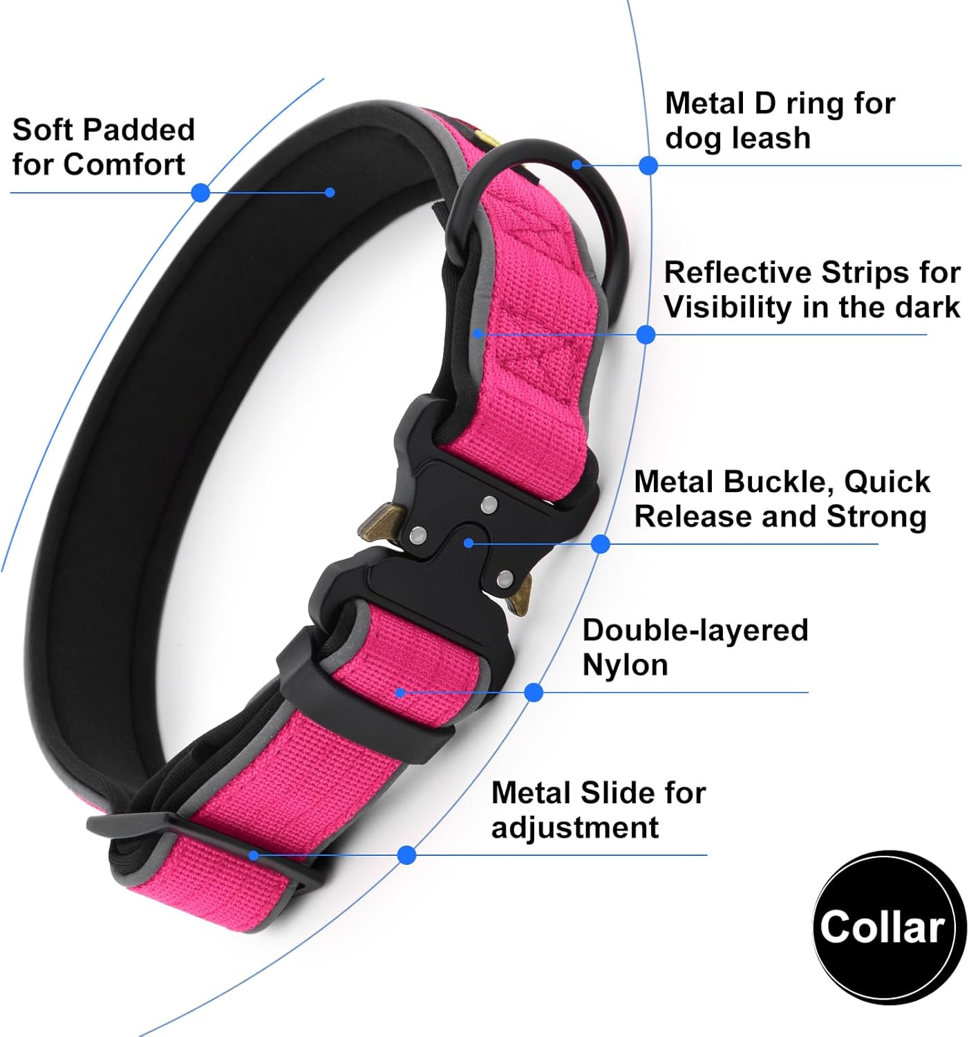 Plutus Pet Tactical Dog Collar, Reflective, Adjustable Heavy Duty Dog Collar, Soft Padded and Comfortable, for Small Medium and Large Dogs (Hot Pink, M)