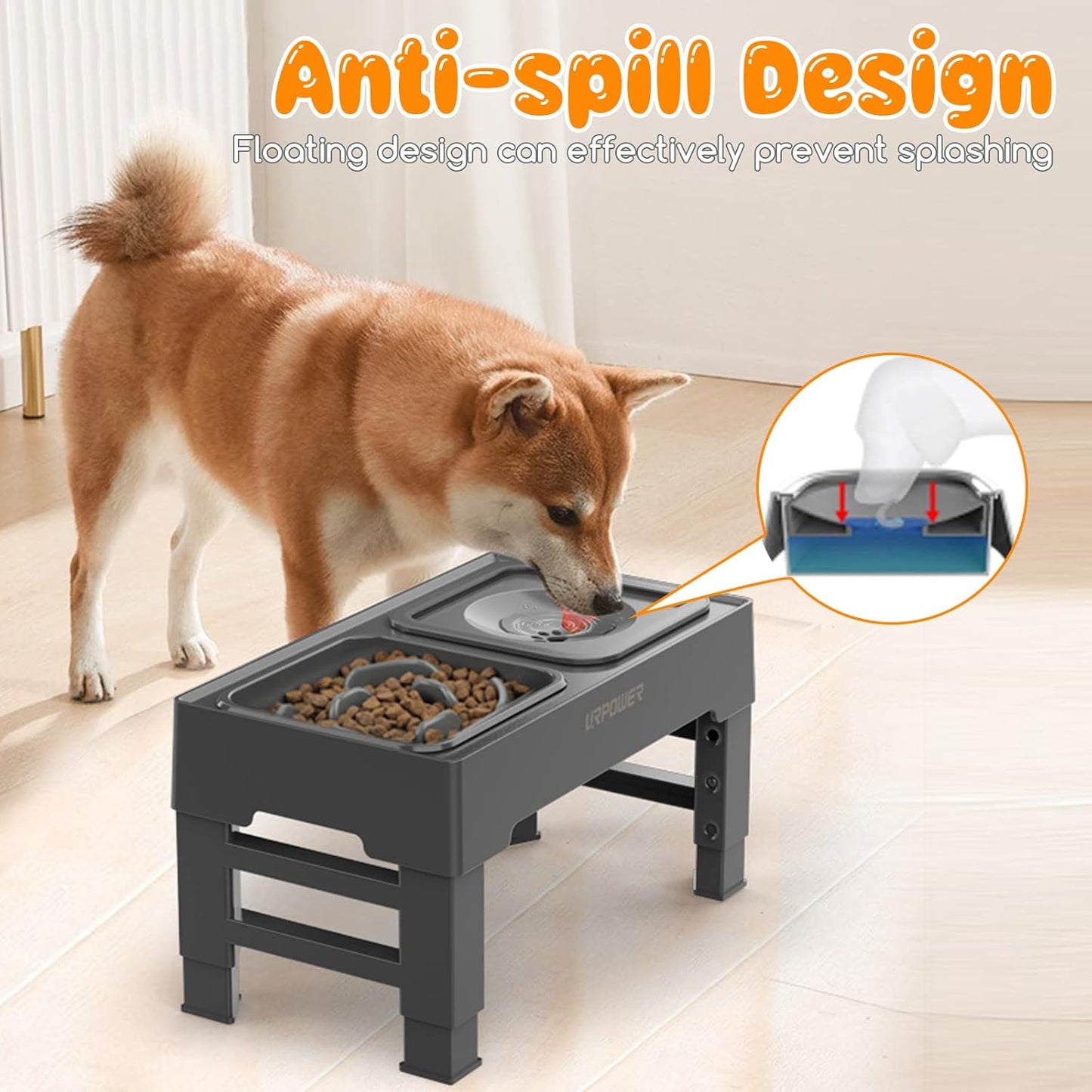 URPOWER 2-in-1 Elevated Slow Feeder with No Spill Dog Water Bowl 4 Height Adjustable Raised Bowl Stand for Small to Large Dogs, Cats & Pets