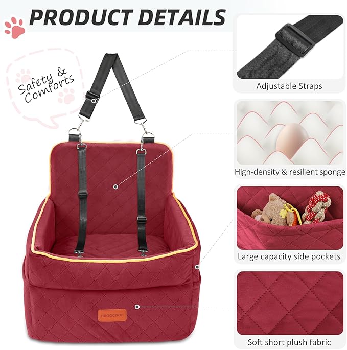 Dog Car Seat for Small Medium Dogs, Memory Foam Puppy Dog Booster Seat with Thick Cushion for Dogs Under 35lbs, Detachable Washable Pet Car Seat Travel Bed with Storage Pockets,2 Safety Belts