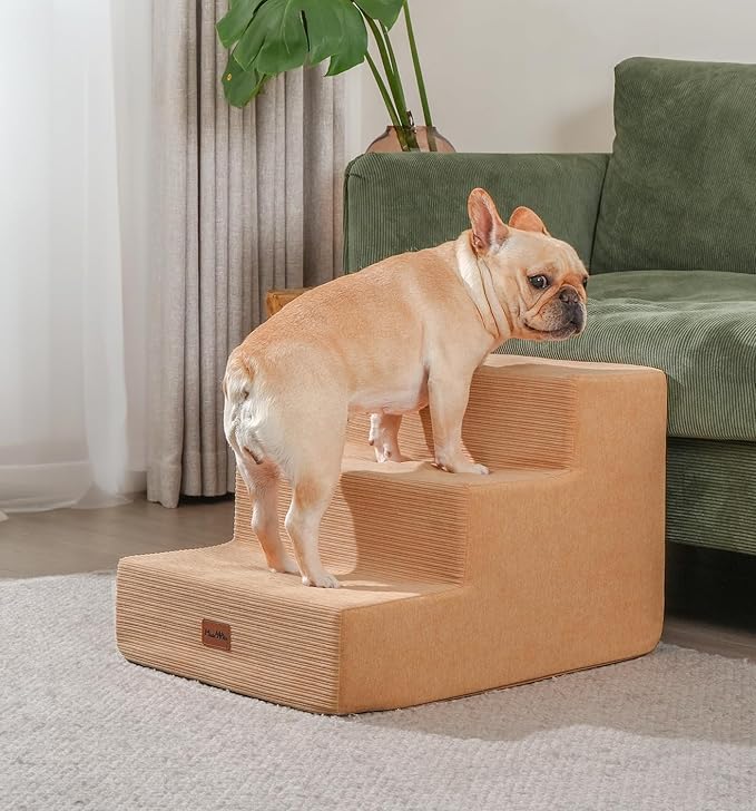 Made4Pets Dog Stairs for Small Dogs, Extra Wide Dog Steps for Bed Couch Sofa and Chair, 35D Foam Pet Steps for Small Dogs and Cats, Non-Slip Bottom Pet Stairs, Tan, 3 Steps