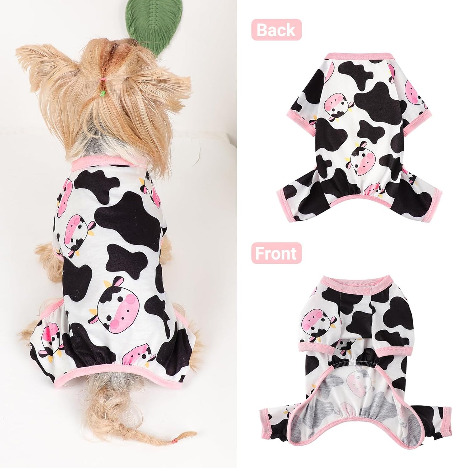 Dog Pajamas Small Sized Dogs Stretchable Summer Dog Clothes Pjs 4 Legs Girl Boy Cute Soft Puppy Outfits Doggie Cat Jammies Jumpsuit Sleeper for Pet, Pink Cow, M
