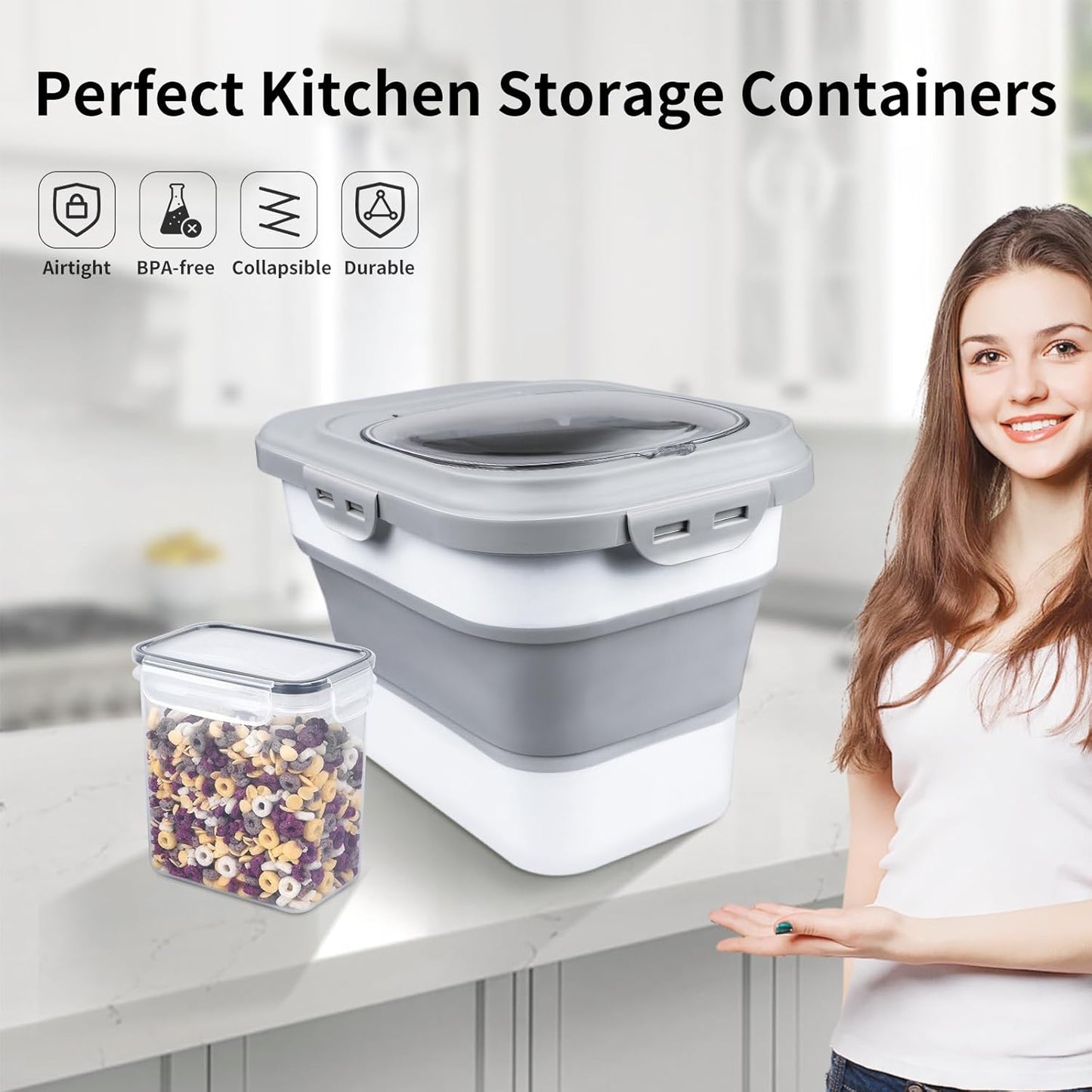 Rice Storage Container, Collapsible Airtight Food Storage Containers 6-20 Lbs, Rice Dispenser with Measuring Cup and Small Bin for Flour Cereal Pasta Grain, Cat Pet Dog Bird Food Container